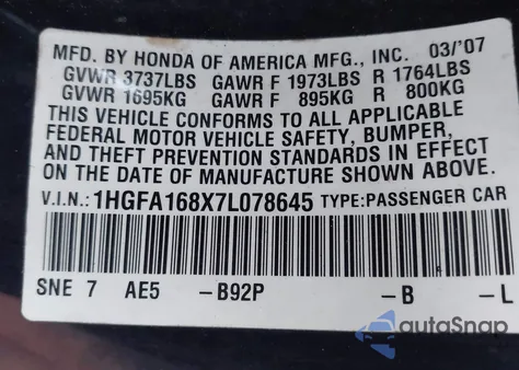 2007 Honda Civic Ex z USA, uszkodzony, nr VIN 1HGFA168X7L078645